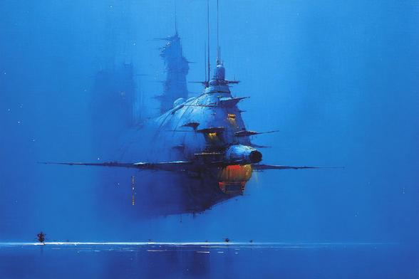 A large futuristic spaceship hovering in a blue environment with glowing lights.