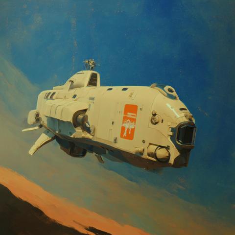 Futuristic white spacecraft flying against a blue sky with an orange horizon.