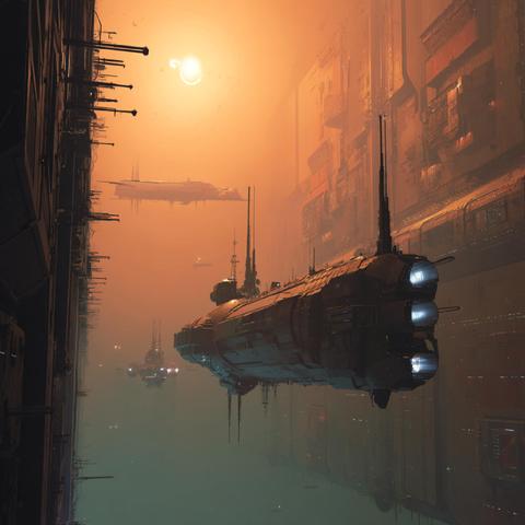 A futuristic spacecraft flying through a warmly lit space scene with other distant ships in the background.