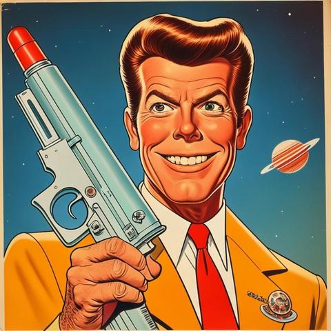 Image with seed 222462502 generated via Stable Diffusion through @stablehorde@sigmoid.social. Prompt: 1960s cartoon, Ronnie Raygun, science fiction space gunslinger, looks like Ronald Reagan, Bozo, 