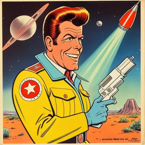 Image with seed 222462502 generated via Stable Diffusion through @stablehorde@sigmoid.social. Prompt: 1960s cartoon, Ronnie Raygun, science fiction space gunslinger, looks like Ronald Reagan, Bozo, 