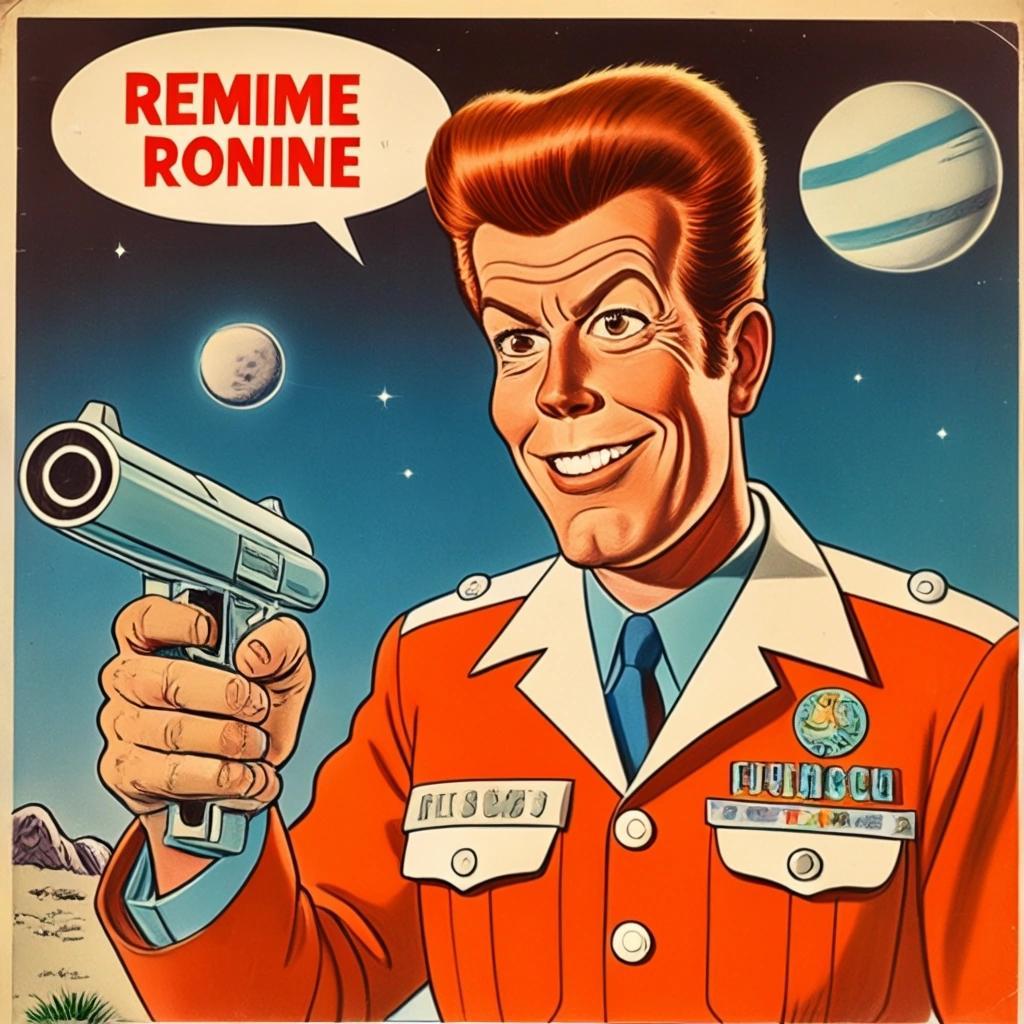 Image with seed 1700229534 generated via Stable Diffusion through @stablehorde@sigmoid.social. Prompt: 1960s cartoon, Bedtime for Ronnie Raygun featuring Bozo, science fiction space gunslinger, looks like Ronald Reagan, 