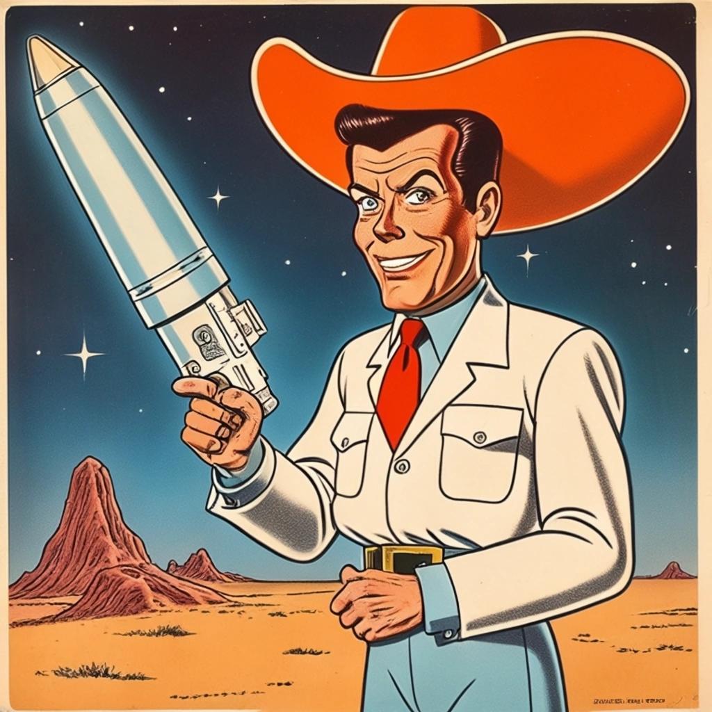 Image with seed 1700229534 generated via Stable Diffusion through @stablehorde@sigmoid.social. Prompt: 1960s cartoon, Bedtime for Ronnie Raygun featuring Bozo, science fiction space gunslinger, looks like Ronald Reagan, 