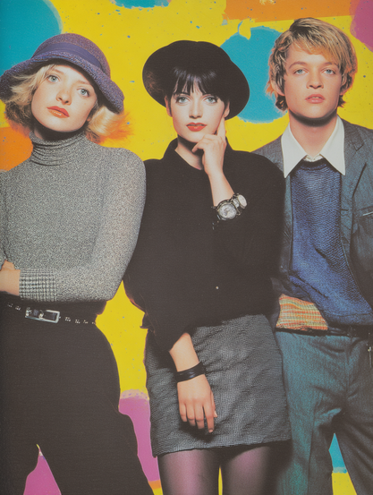 The image features three individuals standing side by side against a vibrant, colorful background. The background consists of yellow as the primary color, with splashes of blue, pink, and orange creating an abstract, dynamic pattern. On the left, a person with short, blonde hair wears a purple hat, a high-neck, silver-gray sweater, and black trousers. Their expression is neutral. The individual in the center has dark hair with bangs and wears a black outfit with a matching hat, a pencil skirt in gray tones, and accessorizes with a large wristwatch. They rest one hand on their chin. On the right is a person with blonde hair, wearing a gray blazer over a blue sweater, paired with a white collared shirt. Their expression is relaxed.