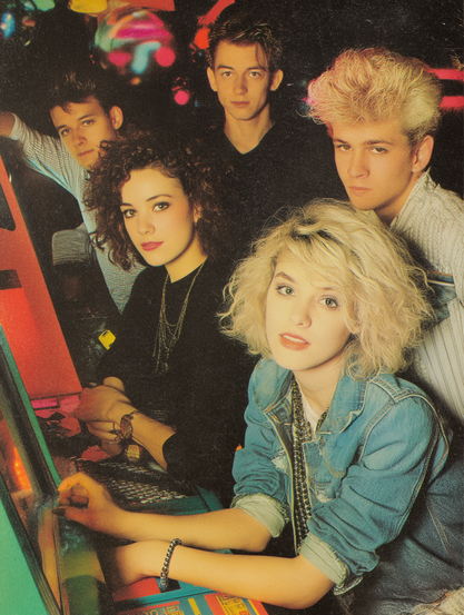 The image features five young adults gathered around an arcade machine. The setting appears to be an arcade with bright, colorful lights in the background, giving a lively, retro atmosphere. The person in the foreground, on the right, is a blonde woman with voluminous hair, wearing a light blue denim jacket. She gazes directly at the camera, resting her arm on the arcade machine. Beside her is a woman with curly dark hair and a black top, also focusing on the camera. Behind them are three men, each with different hairstyles typical of the 1980s, including one with spiky blond hair and another with a more subtle style. The individuals are casually dressed, and there is a sense of camaraderie and engagement as they seem to be interacting with the game. The vibrant colors and the fashion styles emphasize an 80s aesthetic.