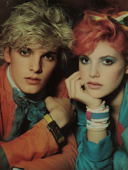 The image features a close-up portrait of two individuals with an 80s aesthetic. On the left is a person with blond, tousled hair, wearing an orange shirt and a blue scarf tied in a loose bow at the neck. A yellow watch is visible on their wrist. On the right is a person with curly, pinkish hair adorned with a multicolored ribbon. They have prominent blue eye makeup and a thoughtful expression, resting their chin on their hand. They are wearing a teal jacket and multiple colorful wristbands.