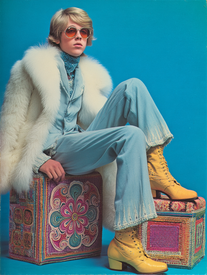 The image features a person seated against a solid blue background, dressed in a light blue suit with a decorative pattern near the cuffs. They wear a white, fluffy fur coat draped over their shoulders and a patterned scarf around their neck. The person wears round, tinted sunglasses and has short, light-colored hair. Their posture is relaxed, with one leg crossed over the other. They are seated on an intricately embroidered cube-shaped object with vibrant patterns, including a large floral motif in pink, teal, and orange. The person’s yellow lace-up boots with chunky heels rest on a smaller embroidered cube.