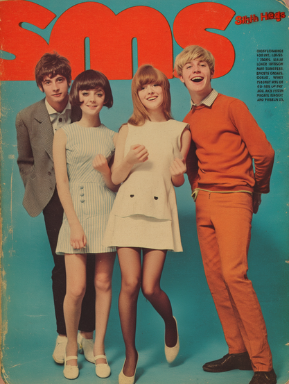 The image is a vintage magazine cover featuring four young adults standing together in front of a teal background. From left to right, a young man with medium-length, dark hair is wearing a textured gray suit and white shirt, leaning slightly forward. Next, a young woman with a short bob hairstyle wears a sleeveless, light blue and white striped dress with a waist tie. She stands with her arms at her sides. Another young woman with long, light brown hair is in the center, dressed in a sleeveless white dress with a decorative flap, smiling broadly. On the right, a young man with short blond hair wears a bright orange sweater over a white collared shirt and matching orange pants with dark shoes. Above them, bold red letters spell "SMS" and near the top right corner, smaller red text reads "Sixth Heqs."