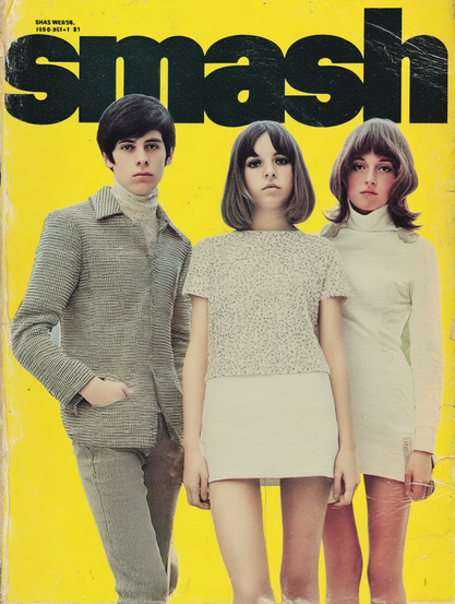 The image is a vintage magazine cover featuring a group of three young people in front of a bright yellow backdrop. The bold, black title “smash” is prominently displayed at the top. On the left, a person is dressed in a light checkered suit with a turtleneck, standing with one hand in their pocket. In the center, a figure wears a short-sleeved, high-neck dress with a floral pattern, paired with a white mini skirt. To the right, another person is in a white turtleneck dress with button details on the shoulder. The image has a textured and slightly worn appearance, typical of vintage print materials.