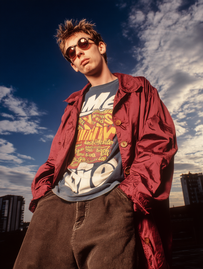 The image depicts a person standing outdoors with a dramatic sky in the background featuring scattered clouds. The individual is wearing round sunglasses and has their head slightly tilted upward. They are dressed in a vibrant red trench coat over a graphic T-shirt with a mix of bold white and yellow lettering. Their hands are casually tucked into the pockets of their dark pants, creating a relaxed posture. The lighting suggests a late afternoon or early evening setting, casting a warm glow on the scene. In the background, there are a few tall buildings silhouetted against the sky, adding an urban atmosphere to the image.