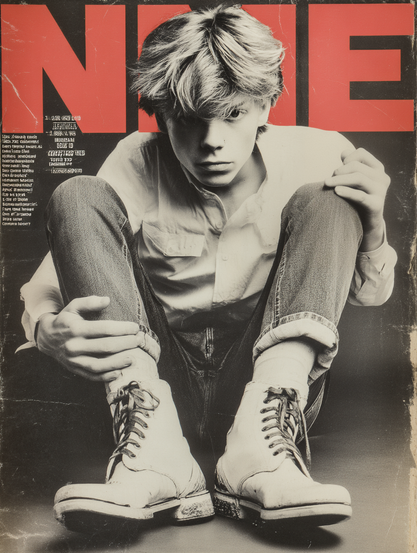 The image features a young person seated with knees drawn up, against a red background with large, bold letters partially visible, including "N" and "E". The individual is dressed in a casual, buttoned white shirt and jeans, with the cuffs rolled up. They are wearing white boots prominently displayed at the bottom of the image. The photograph is in black and white, creating a strong contrast with the vibrant red backdrop. The person’s gaze is directed towards the camera, with their hair slightly tousled. Text is printed on the left side of the image in white.