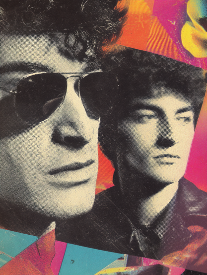 The image features a collage-style representation of two overlapping, black-and-white portraits of a person with curly hair. The image on the left shows the person wearing aviator sunglasses, while the image on the right shows them without glasses. The background consists of vibrant, abstract colours, including pink, blue, orange, and yellow, creating a pop-art effect. The photography uses a half-tone dot pattern, evoking a vintage newspaper print style. There are contrasting textures with the smoothness of the photographic elements against the vivid, colour-splashed background.