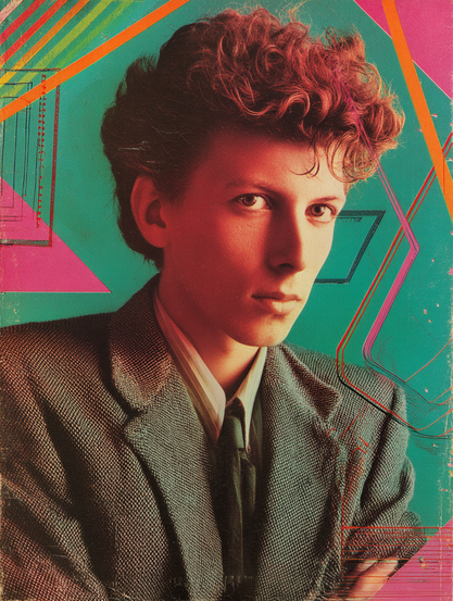 The image features a portrait of a young person set against a vibrant geometric background. The individual is wearing a textured, checkered blazer with a collared shirt and tie. They have curly hair and a focused expression, gazing slightly to the side. The background is composed of bold, modernist artwork featuring teal, pink, and orange hues with overlapping geometric shapes including lines and triangles. These elements contribute to a retro, graphic design style.