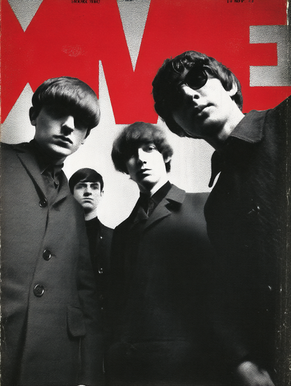 The image is a vintage-style magazine cover featuring four men in black suits. They are positioned closely together, looking slightly downward at the camera, creating an imposing and dramatic effect. Each man has distinctive hairstyles typical of the 1960s, notably the mop-top haircut. The background of the image is red with large white letters spelling out "NME" at the top, partially obscured by the figures. The contrast between the black and white of the men's clothing and hair with the vivid red background creates a striking visual.
