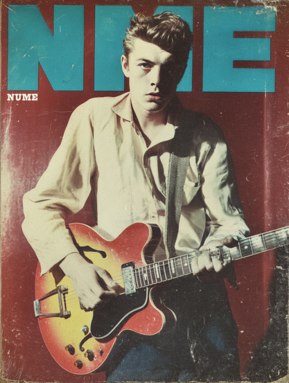 The image features a vintage magazine cover with a young man in the foreground, holding an electric guitar. The background is a textured, deep red colour. The young man is wearing a light-coloured button-up shirt, slightly open at the collar, and dark pants. His hair is styled in a classic, voluminous look. The guitar is a sunburst model with dark, curving accents and metallic hardware. In the top third of the image, bold, blue uppercase letters spell out "NME," and to the left, in smaller white bold letters, is the word "NUME." The overall aesthetic of the image has a slightly worn, textured appearance, typical of aged print.