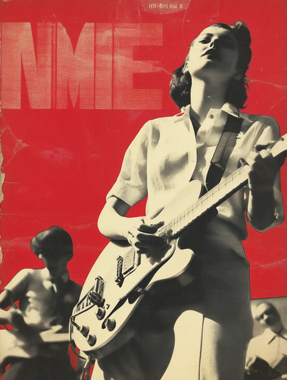 The image features a stylised, vintage-style poster with a red background. Dominating the foreground is a monochrome photo of a person playing an electric guitar. The person is wearing light-coloured clothing, and their face is tilted upwards as if immersed in their performance. In the background, partially obscured, is another individual who appears to be holding a drum stick. The large, bold letters "NME" are prominently displayed on the upper left, adding a textured look that blends with the red background, giving the image an artistic and vibrant appearance. The image presents a dynamic intersection of music performance and graphic design.