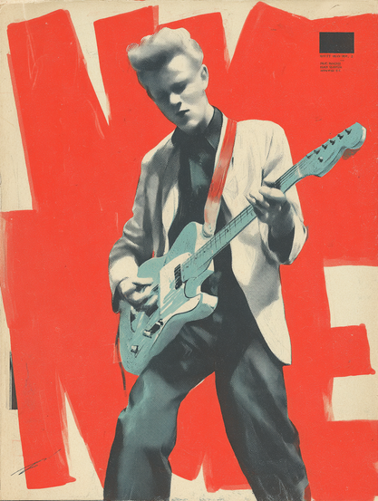 The image features an illustration of a person playing an electric guitar. The figure is positioned against a vibrant, solid red background with bold brushstroke textures. The subject is wearing a light-coloured jacket and dark pants, with a prominent upward hairstyle. The person's stance is dynamic, emphasising the act of playing the guitar. The guitar is depicted in a light blue tone, contrasting against the red background. In the top right corner, there is a small rectangular block with some text next to it.