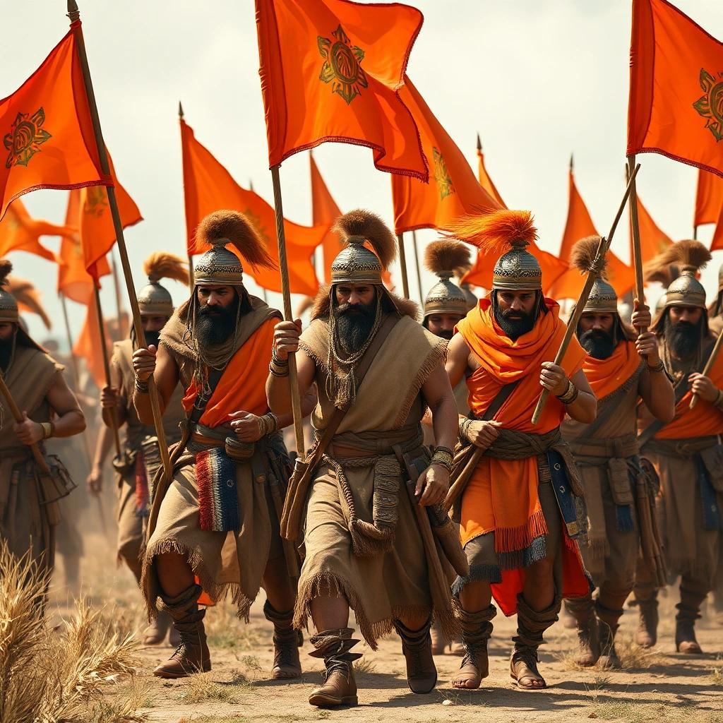 Image with seed 627345639 generated via Stable Diffusion through @stablehorde@sigmoid.social. Prompt: a tribe of warriors carrying orange flags and toasters