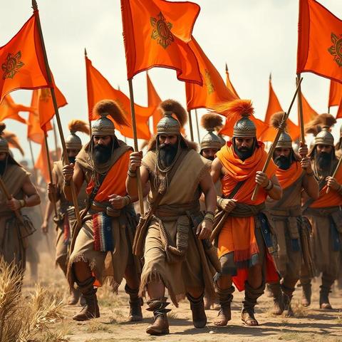 Image with seed 627345639 generated via Stable Diffusion through @stablehorde@sigmoid.social. Prompt: a tribe of warriors carrying orange flags and toasters