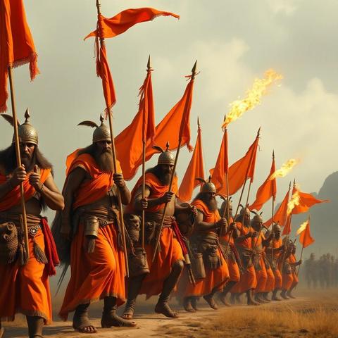 Image with seed 627345639 generated via Stable Diffusion through @stablehorde@sigmoid.social. Prompt: a tribe of warriors carrying orange flags and toasters
