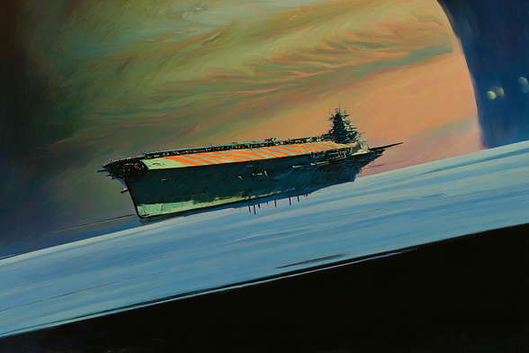 The image depicts a futuristic spacecraft designed like an aircraft carrier, floating in space. It is positioned against a backdrop of a large, colourful gas giant planet with swirling hues of green, orange, and yellow. The spacecraft has a flat, expansive deck with dark orange and white stripes, and it features various intricate structures on top, resembling towers and antennae typical of naval ships. The ship floats above what appears to be the icy rings of a planet, with two smaller celestial bodies visible in the distance to the right. The scene is painted in an artistic style with bold, blended colours, creating a dynamic and vivid space setting.