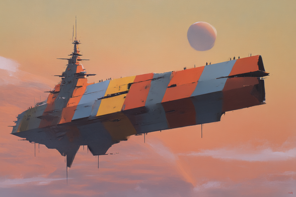 The image portrays a large, futuristic ship floating in the sky against a backdrop of a soft, pastel-coloured sunset. The ship is composed of various geometric panels in shades of orange, yellow, blue, and red, giving it a patchwork appearance. The upper structure of the ship extends into a pointed tower with several horizontal antennas. A few small silhouetted figures are visible on the deck, suggesting the scale of the ship. In the background, a pale planet or moon is partially obscured by clouds.