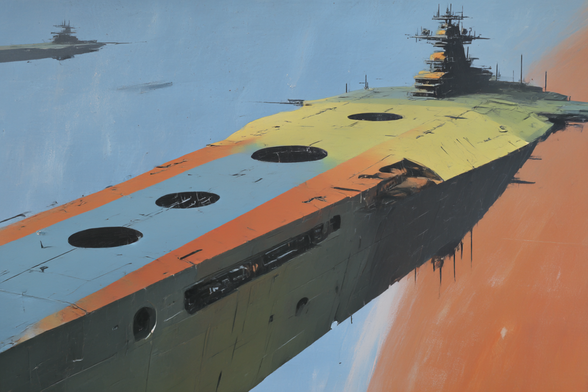 The image depicts a large, stylised spacecraft floating against a background that suggests outer space. The spacecraft has a long, flat surface with three large circular openings. Its body is painted in shades of yellow, orange, and blue, with visible brush strokes adding texture. The ship's central structure rises towards the rear, resembling a tower. In the distant background, another smaller craft can be seen, giving a sense of scale. The scene is portrayed with a painterly style, using bold colours and dynamic lines.