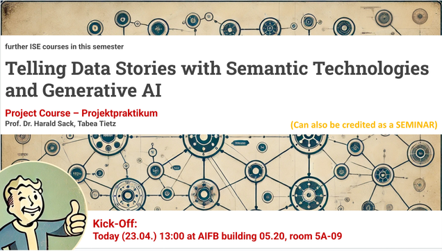 Cover slide for the project course "Telling Data Stories with Knowledge Graphs and Generative AI". The graphics in the background is symbolizing a knowledge graph in the style of the video game "Fall Out".