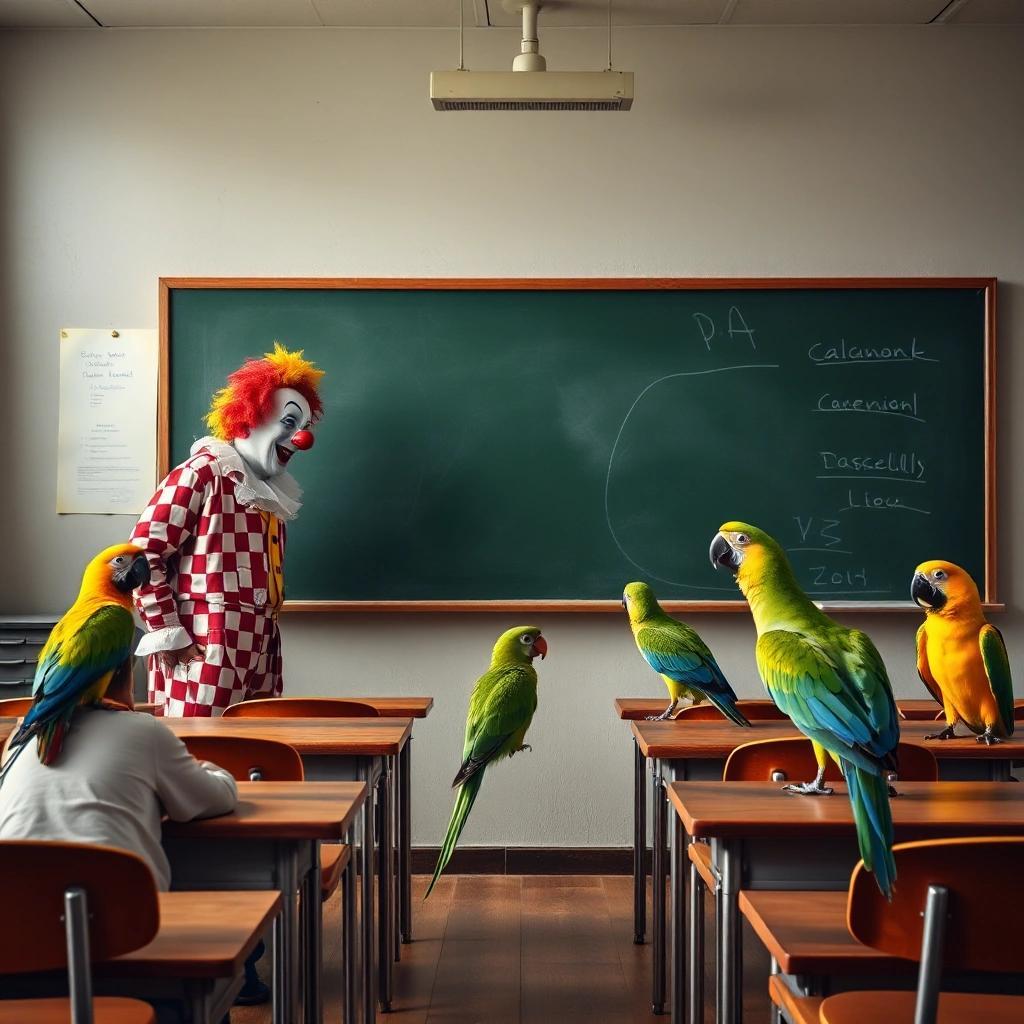 Image with seed 2837985320 generated via Stable Diffusion through @stablehorde@sigmoid.social. Prompt: a class room with a clown in front of a blackboard and parrots sitting on students tables