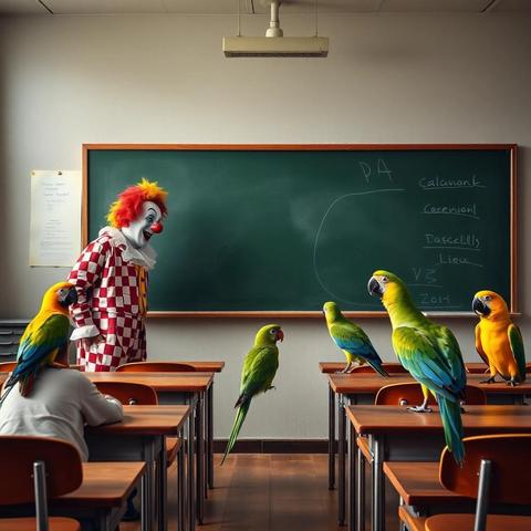 Image with seed 2837985320 generated via Stable Diffusion through @stablehorde@sigmoid.social. Prompt: a class room with a clown in front of a blackboard and parrots sitting on students tables