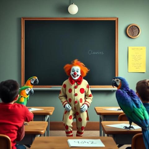 Image with seed 2837985320 generated via Stable Diffusion through @stablehorde@sigmoid.social. Prompt: a class room with a clown in front of a blackboard and parrots sitting on students tables