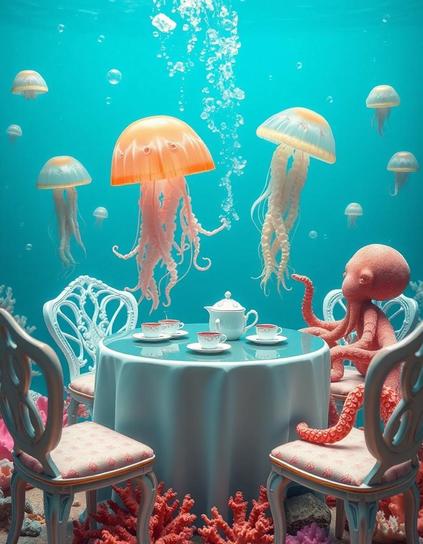 Image with seed 1048517295 generated via Stable Diffusion through @stablehorde@sigmoid.social. Prompt: a surreal underwater tea party with jellyfish, octopuses and coral furniture. 