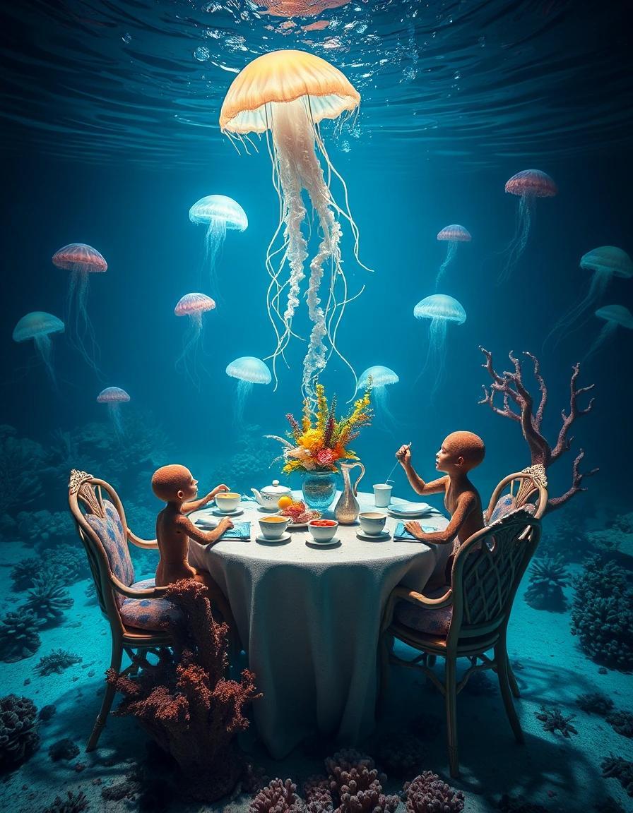 Image with seed 1048517295 generated via Stable Diffusion through @stablehorde@sigmoid.social. Prompt: a surreal underwater tea party with jellyfish, octopuses and coral furniture. 