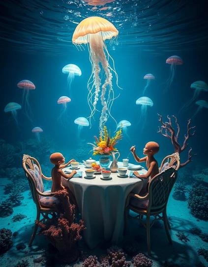 Image with seed 1048517295 generated via Stable Diffusion through @stablehorde@sigmoid.social. Prompt: a surreal underwater tea party with jellyfish, octopuses and coral furniture. 