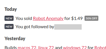 "You sold Robot Anomaly for $1.49, 50% Off". "You got followed by [blank]".  Itchio notifications for Today.