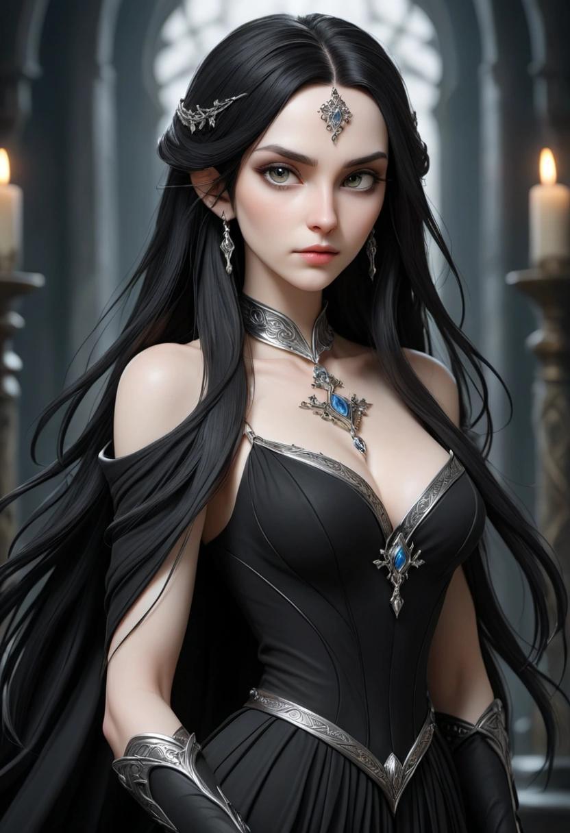 Image with seed 204916930 generated via Stable Diffusion through @stablehorde@sigmoid.social. Prompt: a beautiful high elf lady with long black hair and pale skin wearing a black dress and silver jewelry 