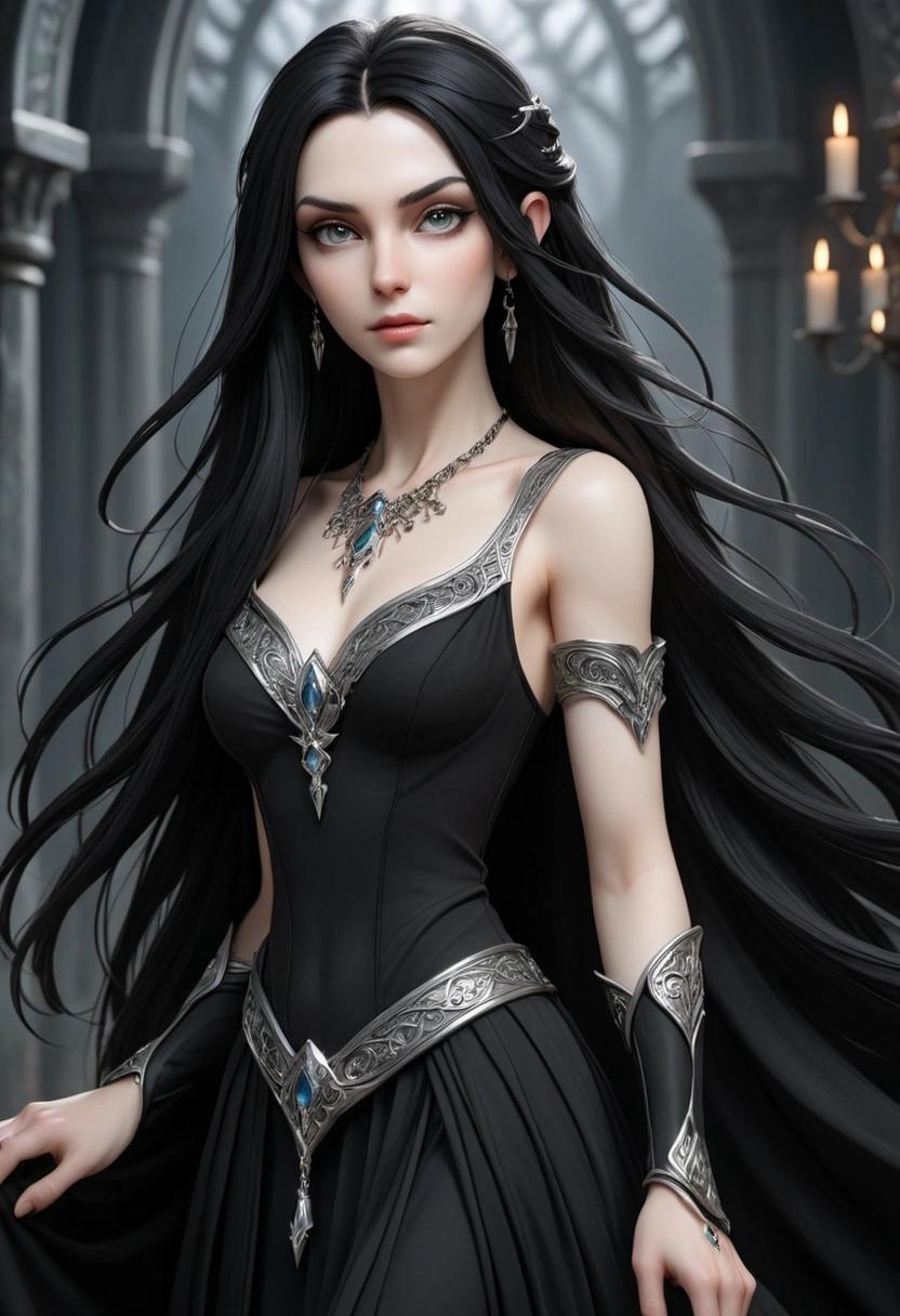 Image with seed 204916930 generated via Stable Diffusion through @stablehorde@sigmoid.social. Prompt: a beautiful high elf lady with long black hair and pale skin wearing a black dress and silver jewelry 