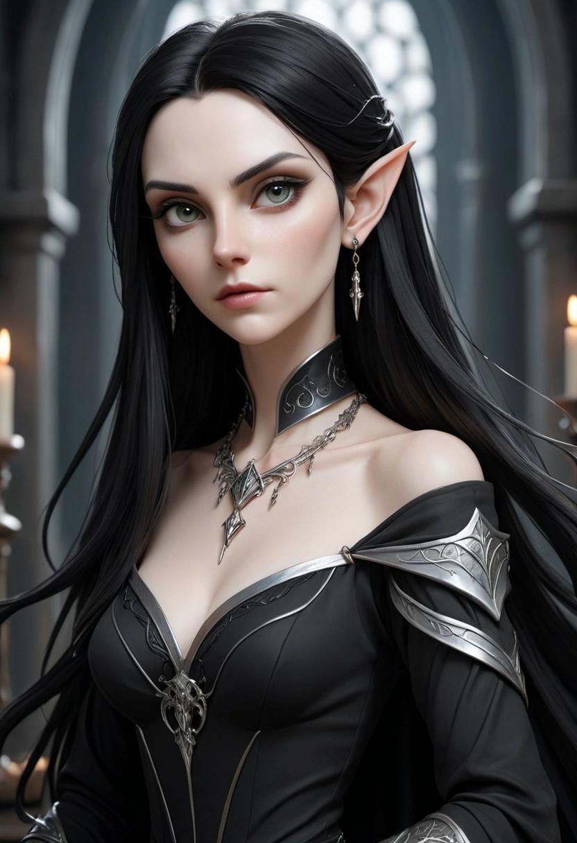 Image with seed 566436170 generated via Stable Diffusion through @stablehorde@sigmoid.social. Prompt: a beautiful high elf lady with long black hair pointy ears and pale skin wearing a black dress and silver jewelry 