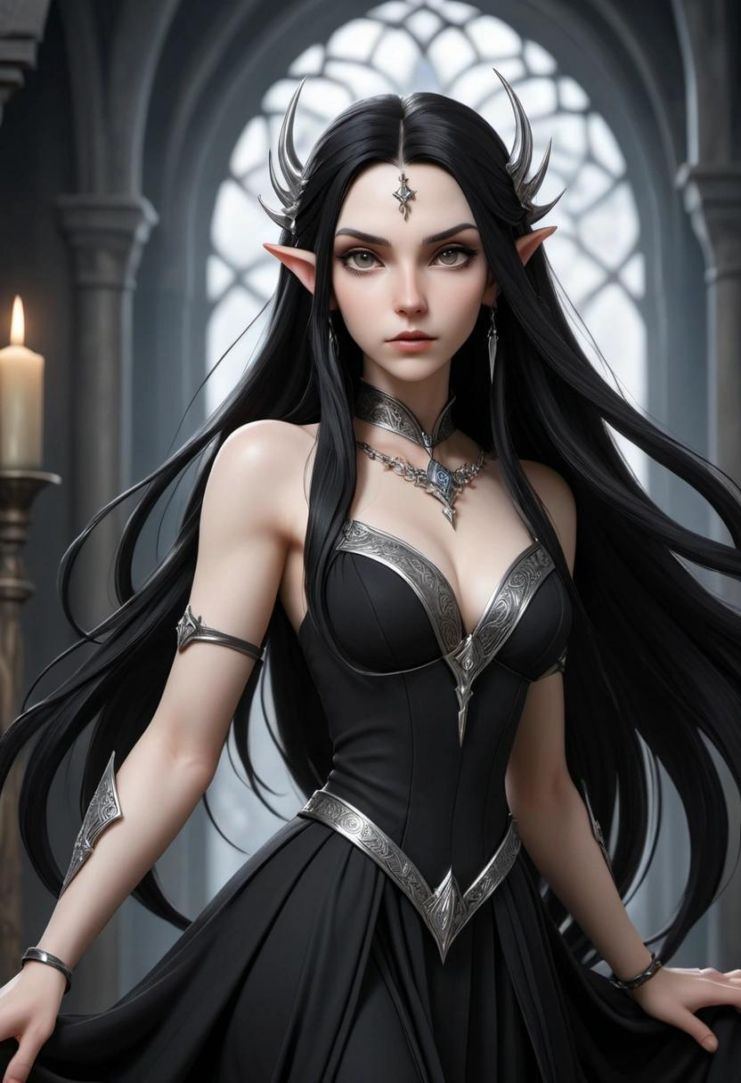 Image with seed 566436170 generated via Stable Diffusion through @stablehorde@sigmoid.social. Prompt: a beautiful high elf lady with long black hair pointy ears and pale skin wearing a black dress and silver jewelry 