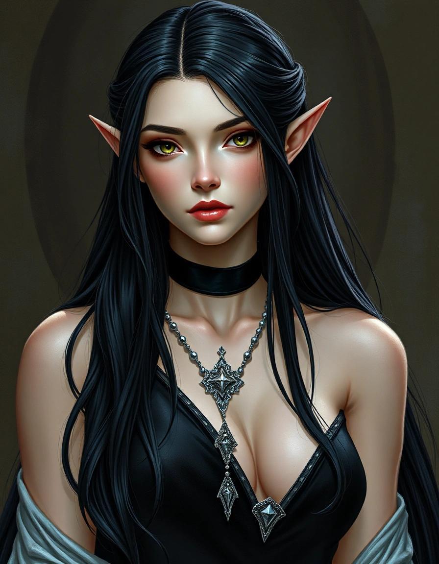 Image with seed 3430895465 generated via Stable Diffusion through @stablehorde@sigmoid.social. Prompt: a beautiful high elf lady with long black hair pointy ears and pale skin wearing a black dress and silver jewelry 