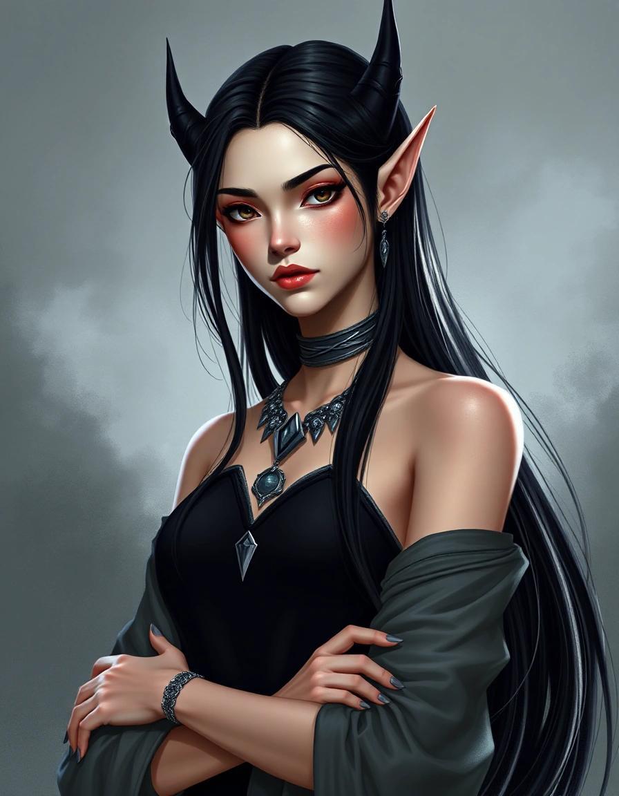 Image with seed 3430895465 generated via Stable Diffusion through @stablehorde@sigmoid.social. Prompt: a beautiful high elf lady with long black hair pointy ears and pale skin wearing a black dress and silver jewelry 
