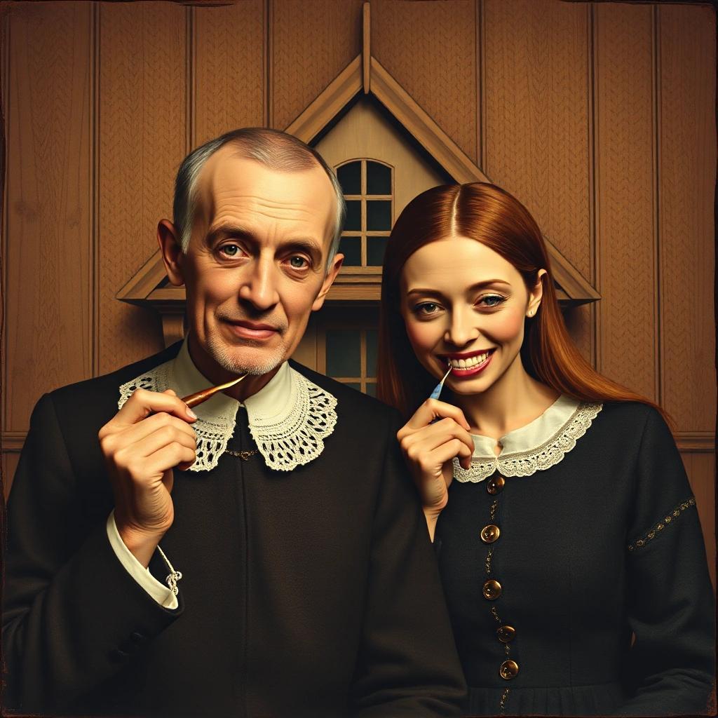 Image with seed 520736438 generated via Stable Diffusion through @stablehorde@sigmoid.social. Prompt: the couple from American Gothic brushing their teeth
