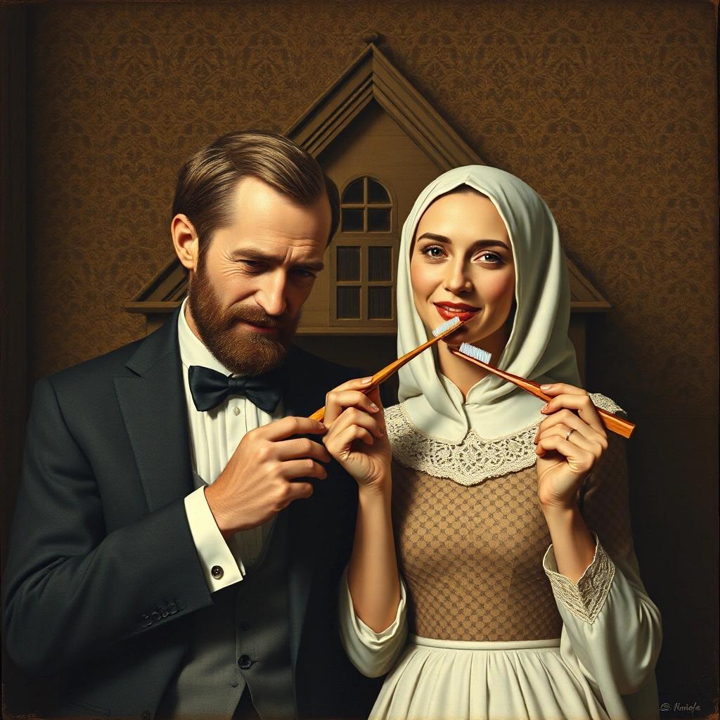Image with seed 520736438 generated via Stable Diffusion through @stablehorde@sigmoid.social. Prompt: the couple from American Gothic brushing their teeth