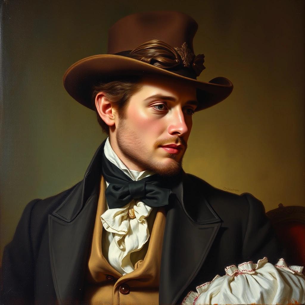 Image with seed 2588618169 generated via Stable Diffusion through @stablehorde@sigmoid.social. Prompt: romantic oil painting, portrait of John Jacob Jingleheimer-Schmidt
