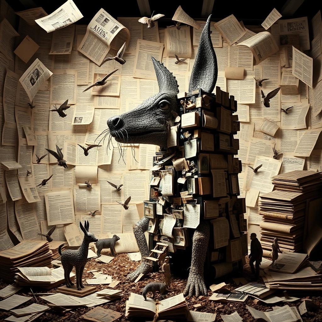 Image with seed 2230294752 generated via Stable Diffusion through @stablehorde@sigmoid.social. Prompt: a Dada World. Build by animals out of real. Many writings and manifestos in the background. Old newspapers flying around. 