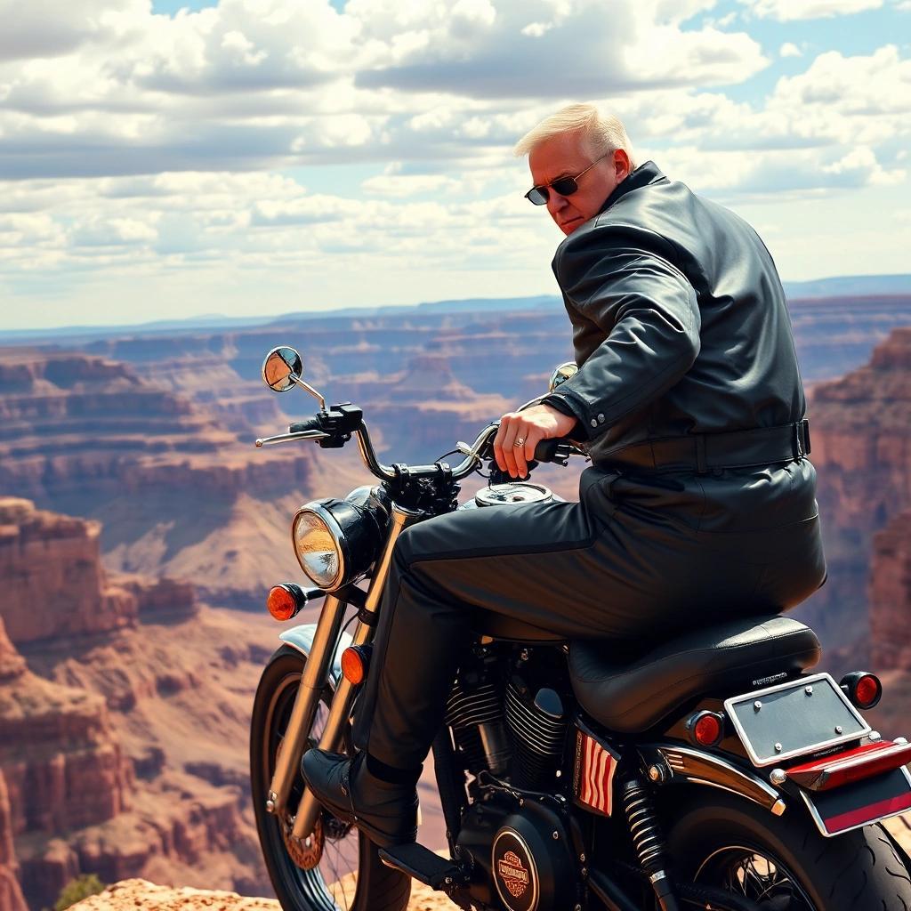Image with seed 2492325574 generated via Stable Diffusion through @stablehorde@sigmoid.social. Prompt: the president of the United States in an evil knevil jumpsuit shooting over the Grand Canyon on a Harley Davidson