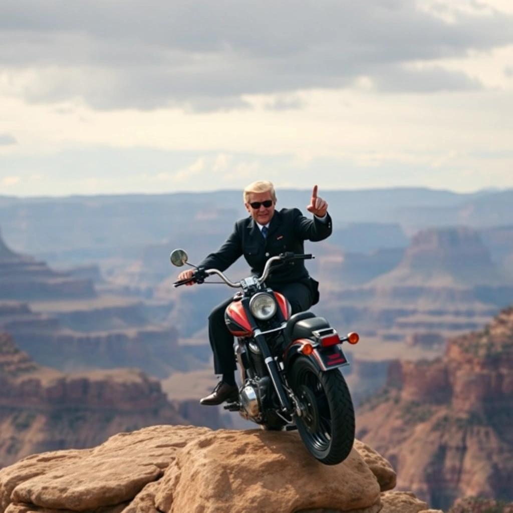 Image with seed 2492325574 generated via Stable Diffusion through @stablehorde@sigmoid.social. Prompt: the president of the United States in an evil knevil jumpsuit shooting over the Grand Canyon on a Harley Davidson