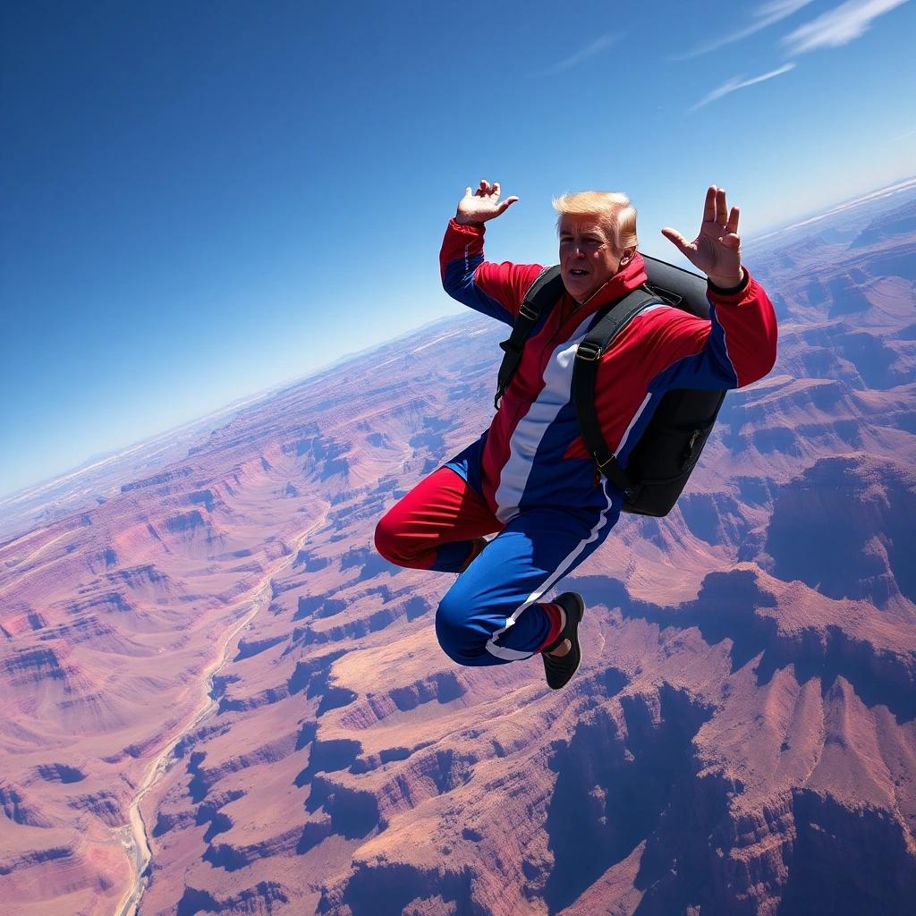 Image with seed 2370919765 generated via Stable Diffusion through @stablehorde@sigmoid.social. Prompt: the president of the United States in a red, white and blue evil knevil jumpsuit in flight over the Grand Canyon. The president is secretly terrified he won’t make it to the other side but putting on a show of bravado.