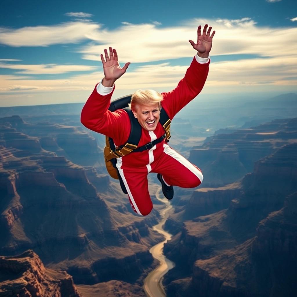 Image with seed 2370919765 generated via Stable Diffusion through @stablehorde@sigmoid.social. Prompt: the president of the United States in a red, white and blue evil knevil jumpsuit in flight over the Grand Canyon. The president is secretly terrified he won’t make it to the other side but putting on a show of bravado.