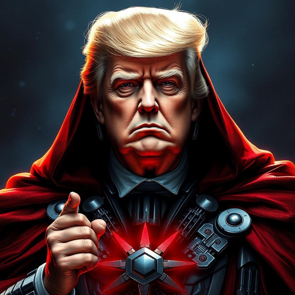 Image with seed 514903727 generated via Stable Diffusion through @stablehorde@sigmoid.social. Prompt: Donald Trump as evil Galactic Emperor, science fiction, space opera, robotic fantasy, star wars, palpatine